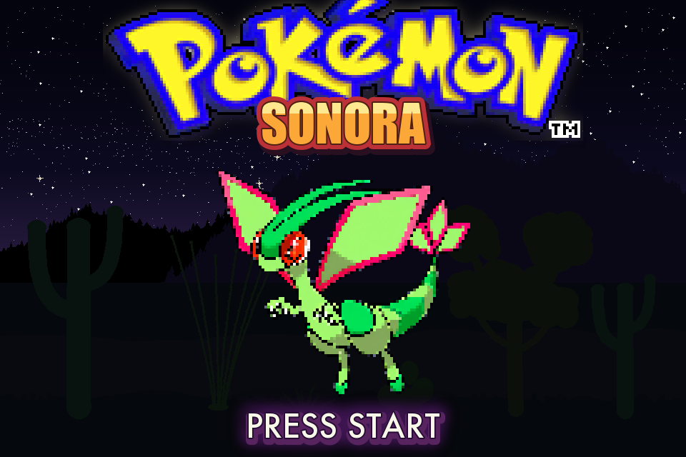 Pokemon Sonora title screen — Flygon over the Sonoran night sky with saguaro silhouettes